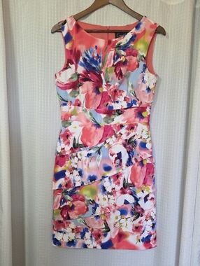 Connected Apparel Women's Sleeveless Pink Floral V-Neck Dress Size 8 Lined